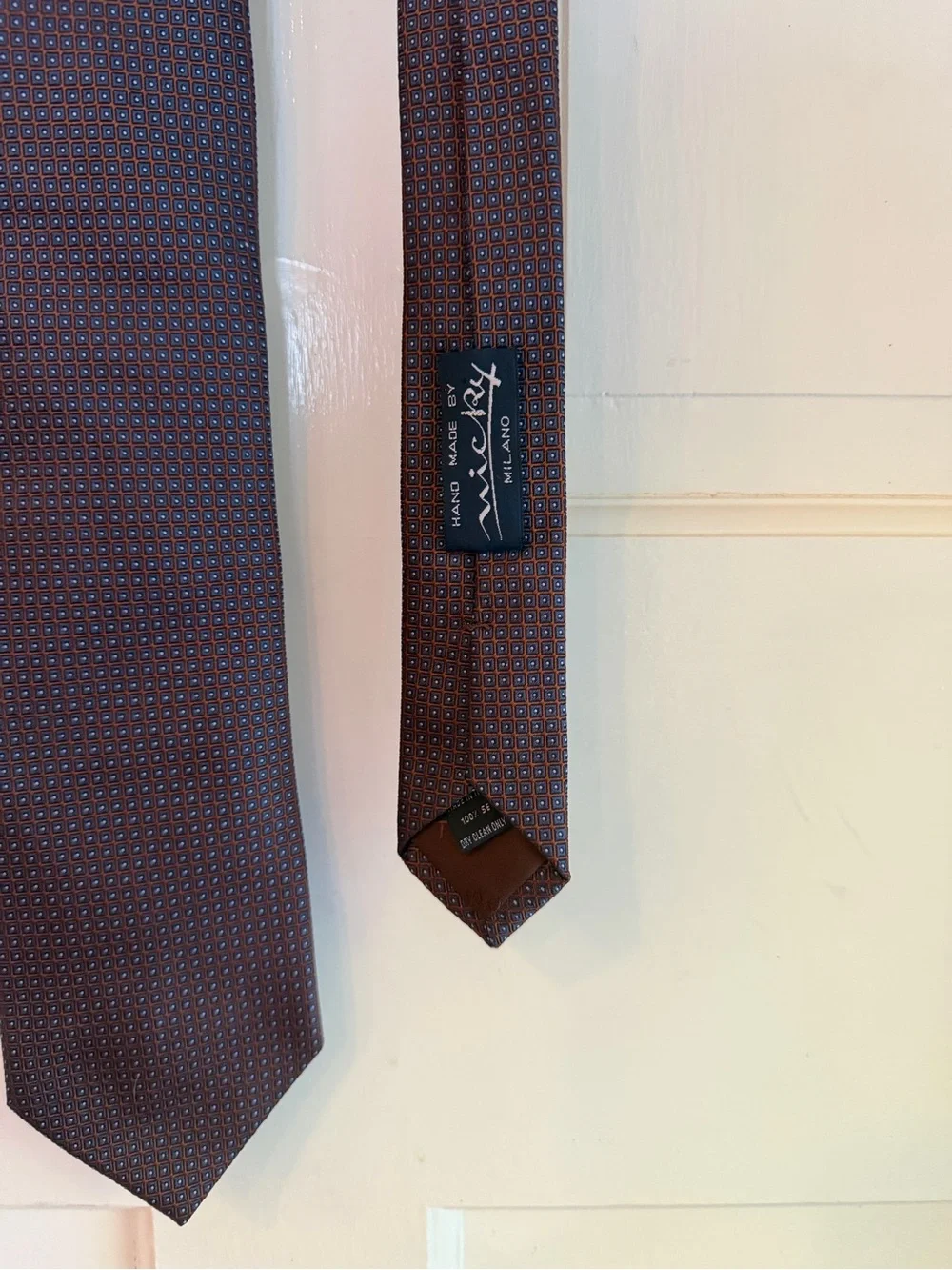 Micky Milano 100% Silk Necktie Navy Blue Brown Geometric Italy